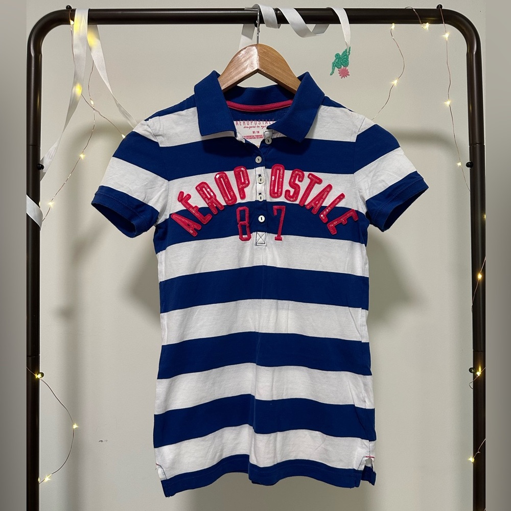 Blue Striped Female Polo Short Sleeve T Shirt